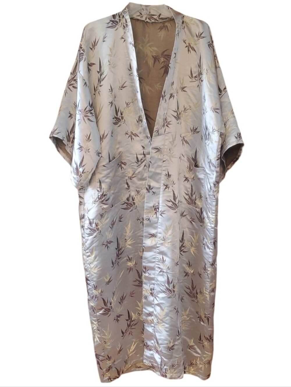 Vintage Silk Chinese Embroidered Robe Jacket - Bamboo Pattern Duster - NO BELT